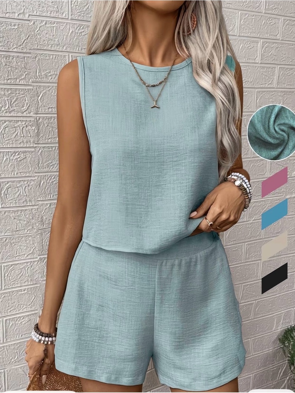 New Turquoise 2 piece women’s set top & shorts size L with elastic waist - Picture 3 of 6